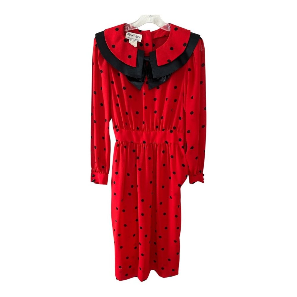 Vintage Albert Nipon Red Polka Dot Dress with Black Satin Collar & Bow – Made in